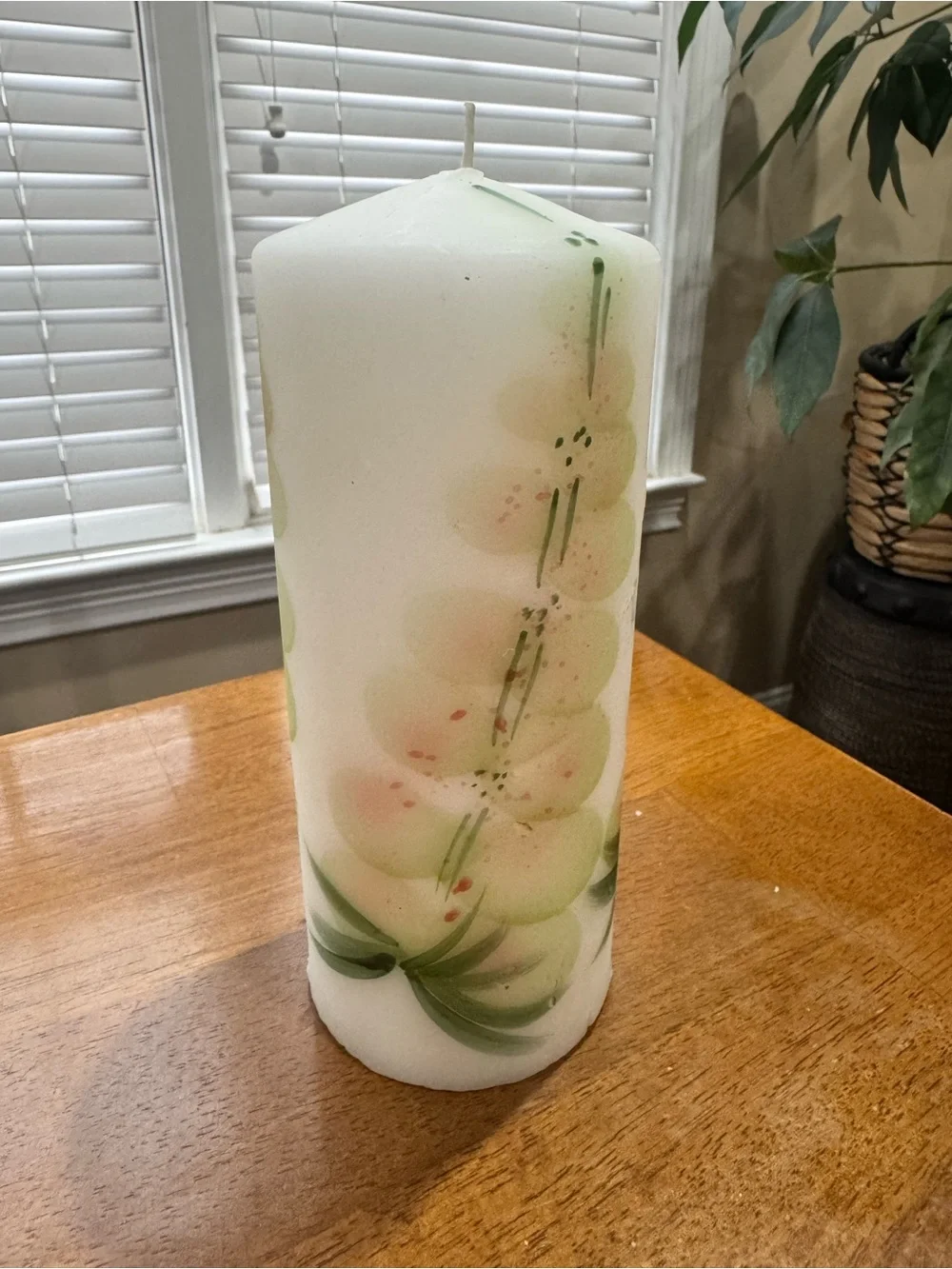 Hand-Painted 8” White Italian Pillar Candle with Green Floral Accent